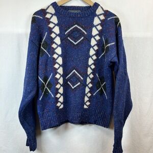VTG Agenda Mens M Wool blend Blue Geometric Colorful Speckled Knit Sweater